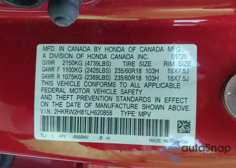 2020 Honda Cr-V Awd Ex-L z USA, uszkodzony, nr VIN 2HKRW2H81LH620858